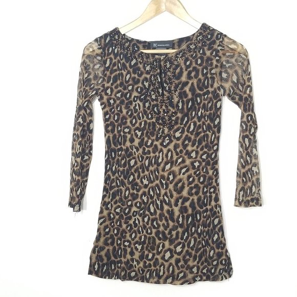 INC International Concepts Leopard Pattern Mesh Sleeves Blouse Beaded Petite XS - Picture 1 of 8